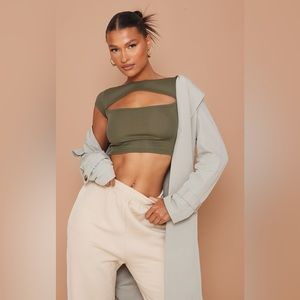 PRETTY LITTLE THING Khaki Rib Cut Out Short Sleeve Crop Top